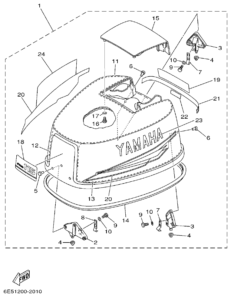 Yamaha 115B, 140B TOP COWLING parts diagram